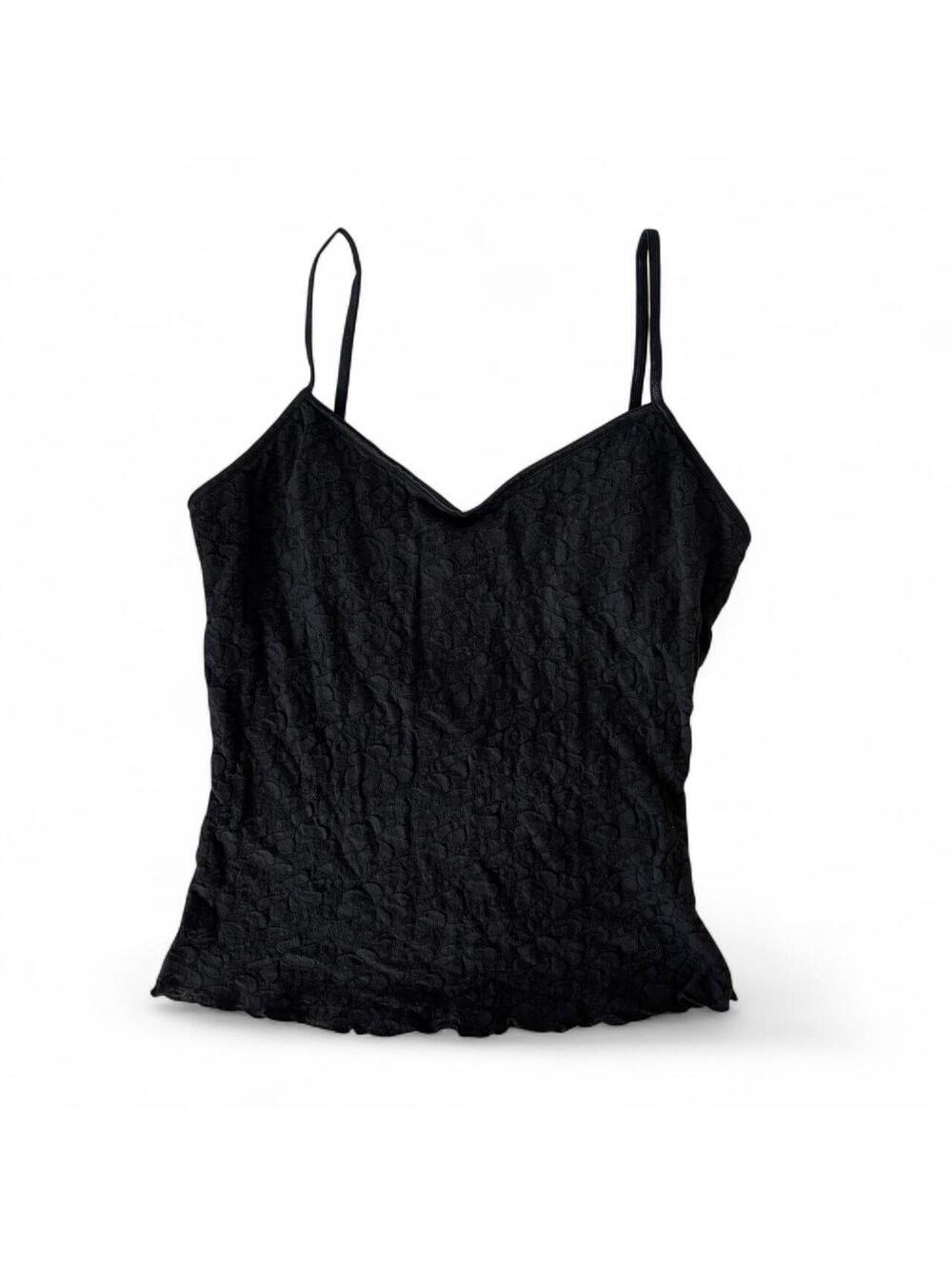 Vintage Black Textured Floral Lace Cami Top Built-In Shelf Bra - Small